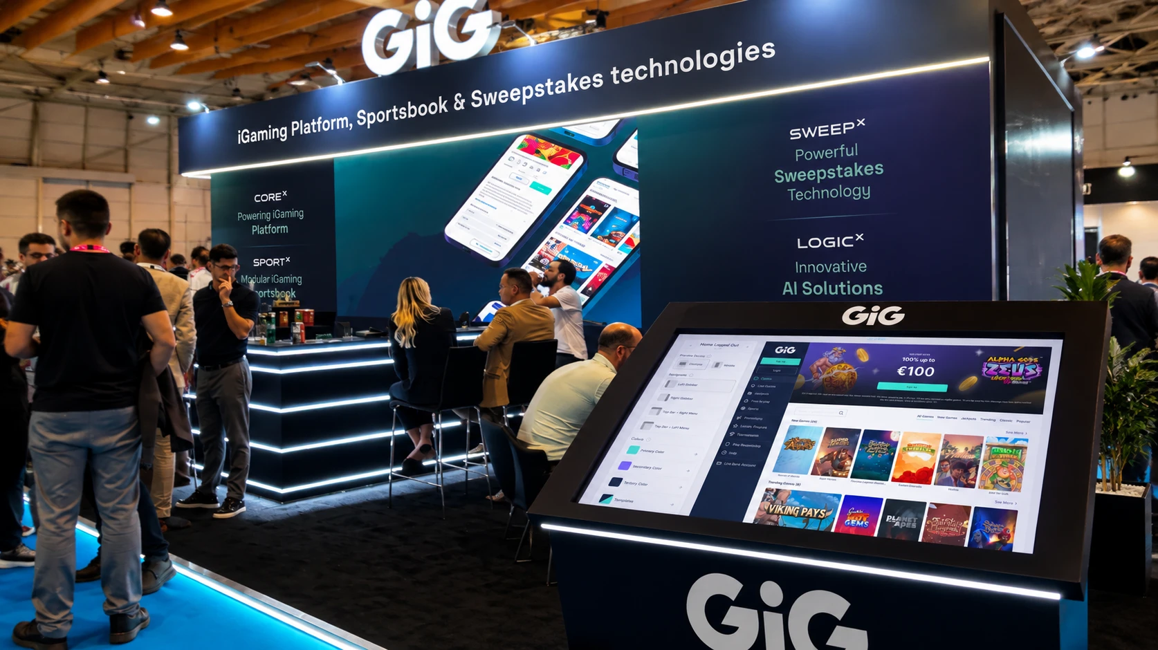 GiG's stand at an industry event, with the Customiser running on a presentation screen