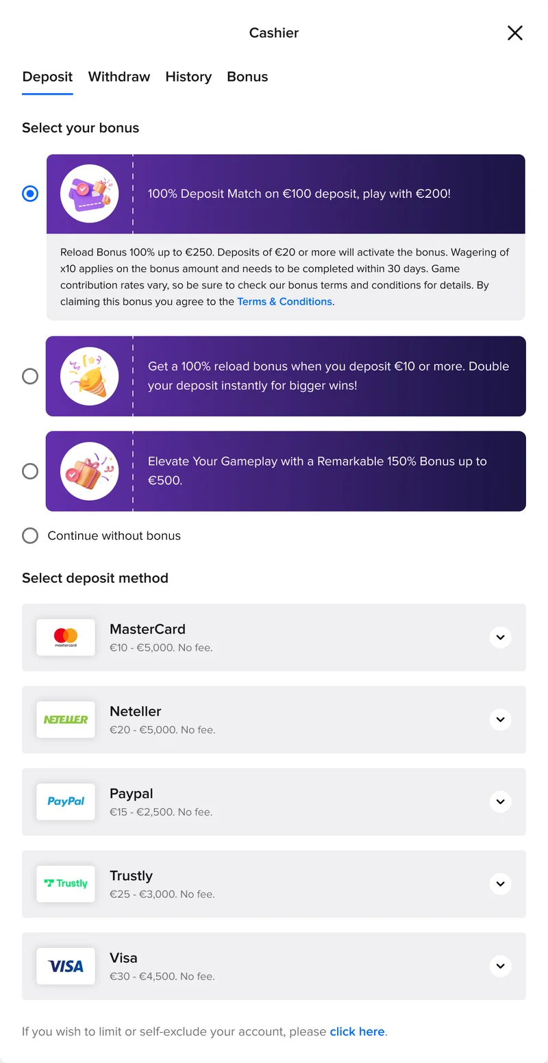 New Cashier: the first bonus selected, its terms expanded in place