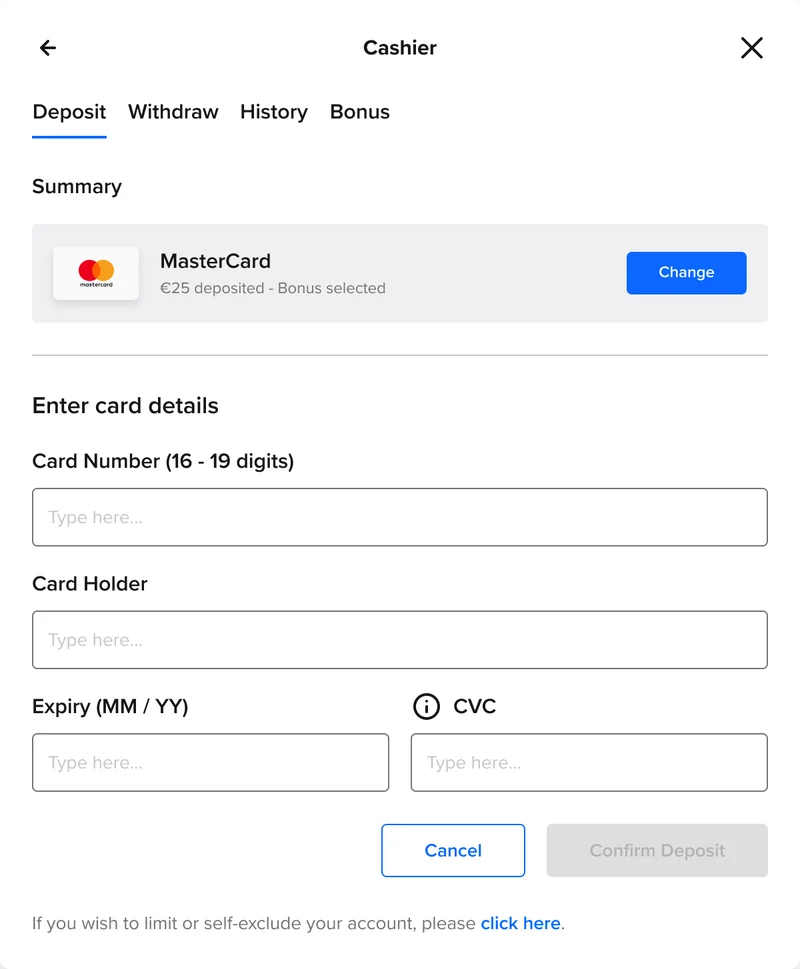 New Cashier: card details, with a summary of the deposit above
