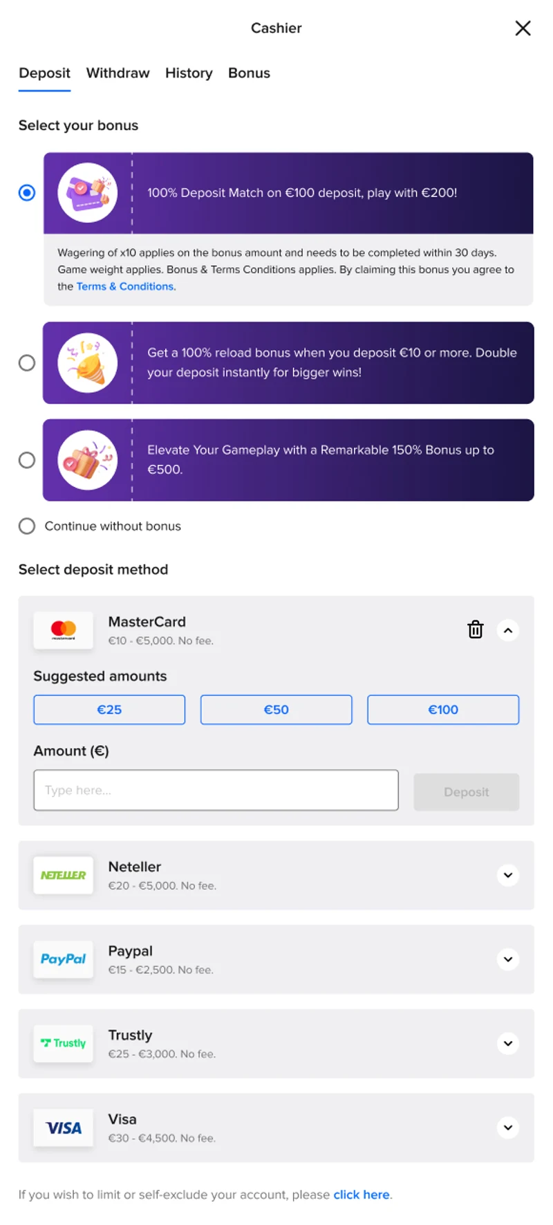 New Cashier: MasterCard expanded in place with suggested amounts, amount and Deposit