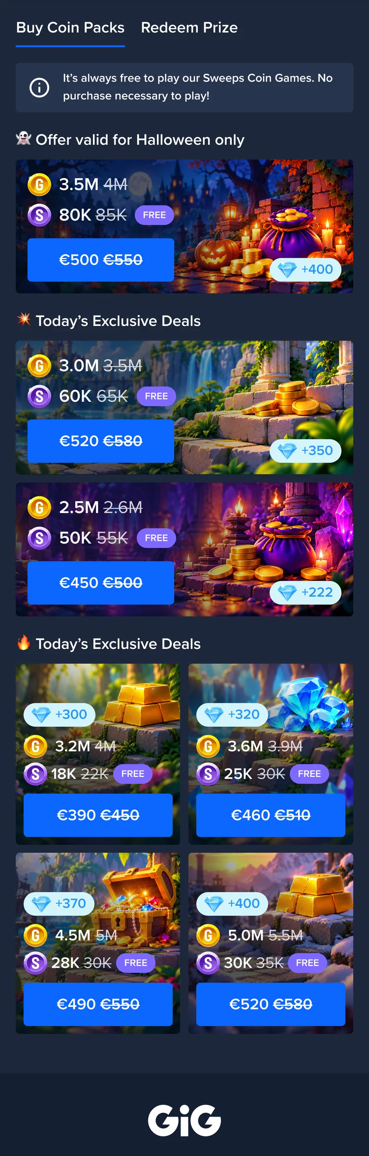 Coin Shop: Halloween offer and exclusive deals, each pack with Gold Coins, Sweep Coins and a price