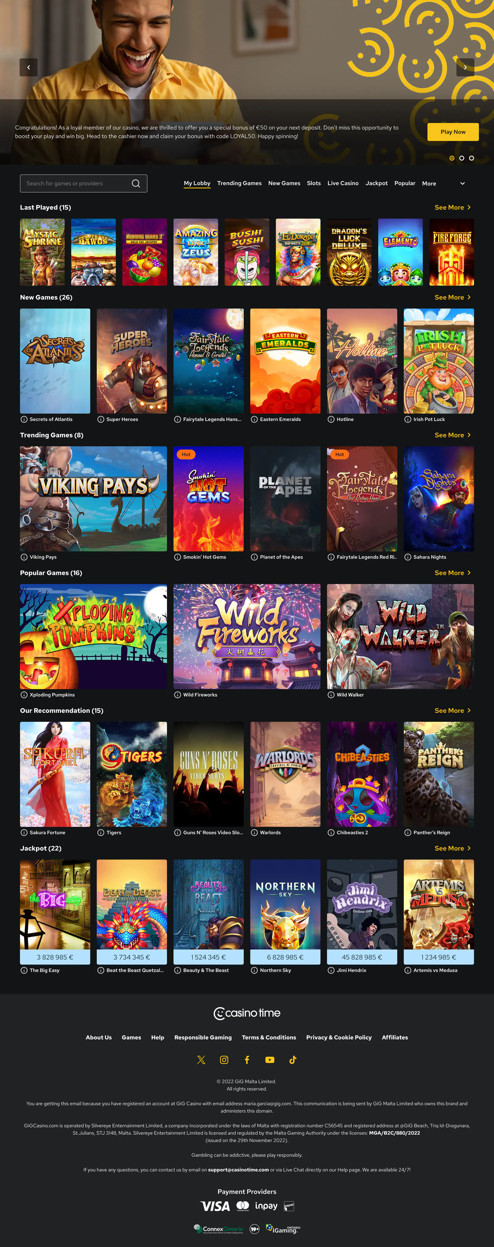 Casino Time casino lobby built on WAND: hero banner, game rails, jackpots and footer