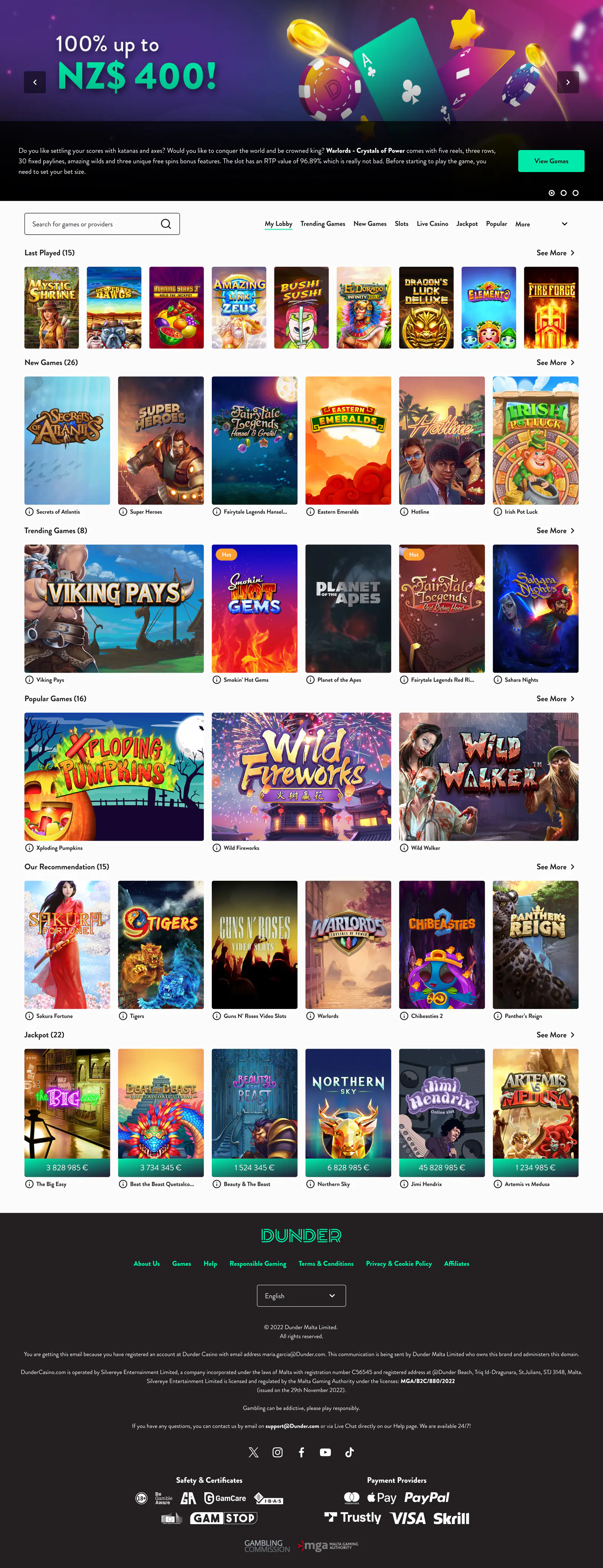 Dunder casino lobby built on WAND: hero banner, game rails, jackpots and footer