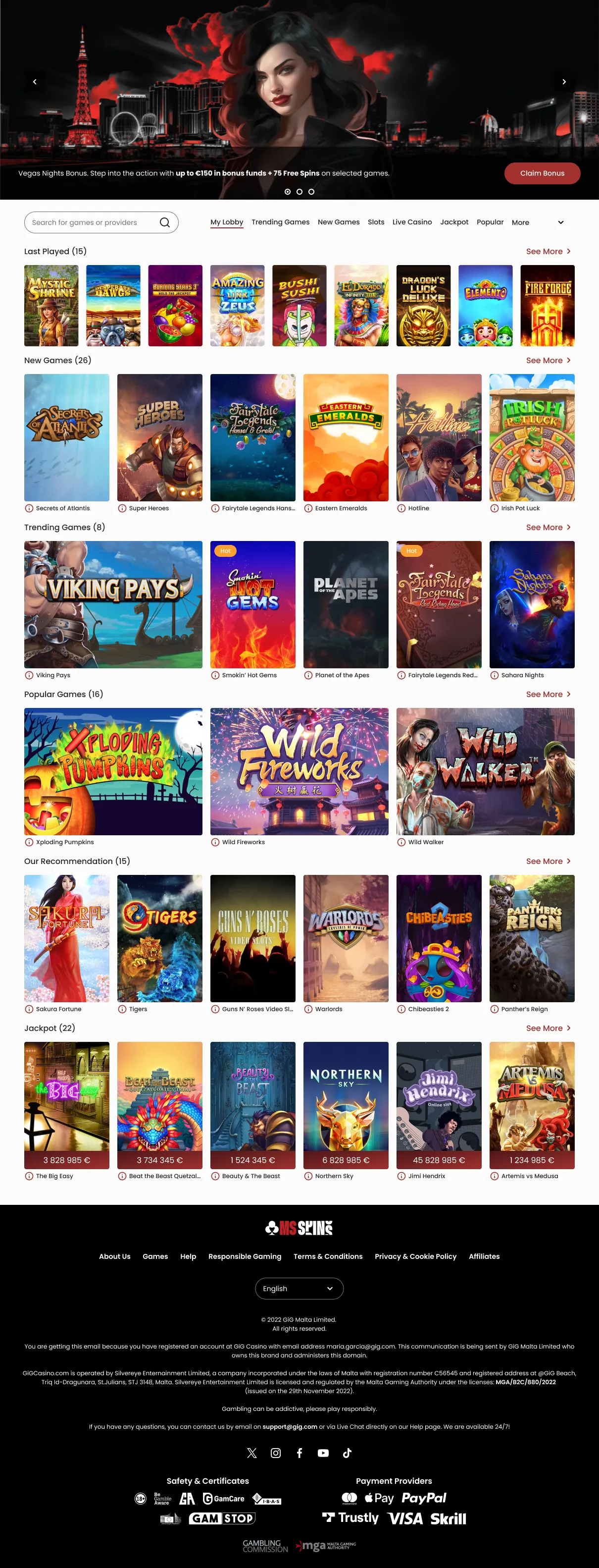 MS Spins casino lobby built on WAND: hero banner, game rails, jackpots and footer