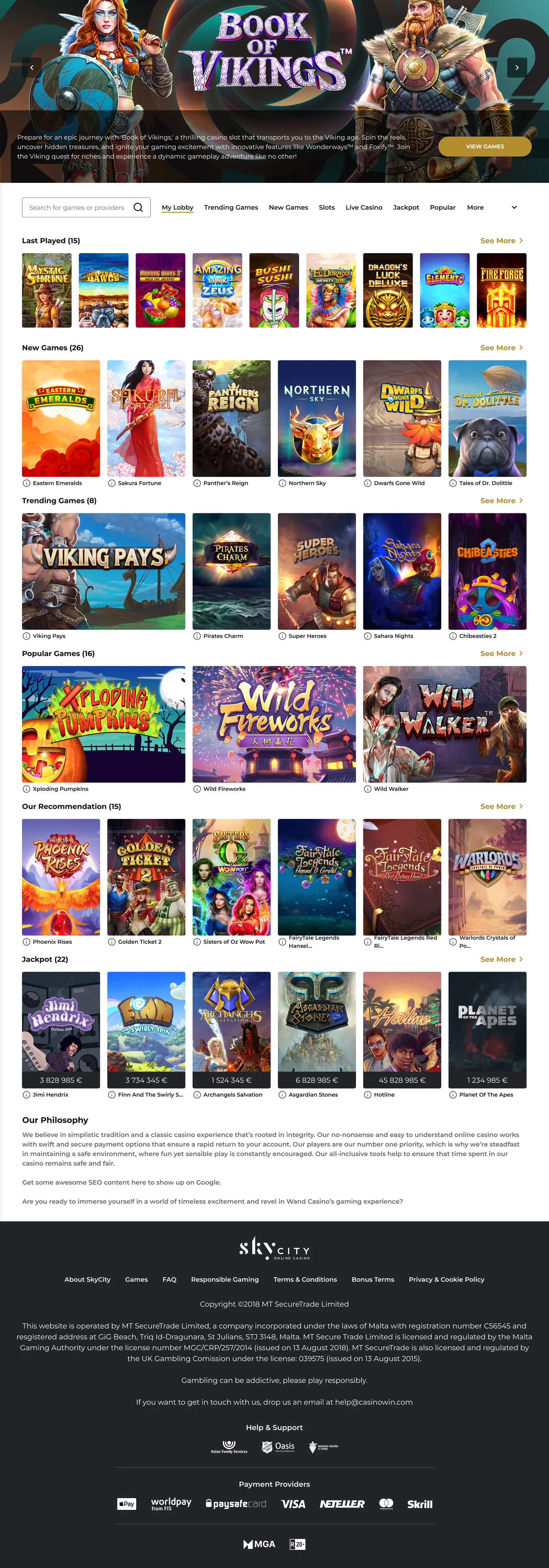 SkyCity casino lobby built on WAND: hero banner, game rails, jackpots and footer