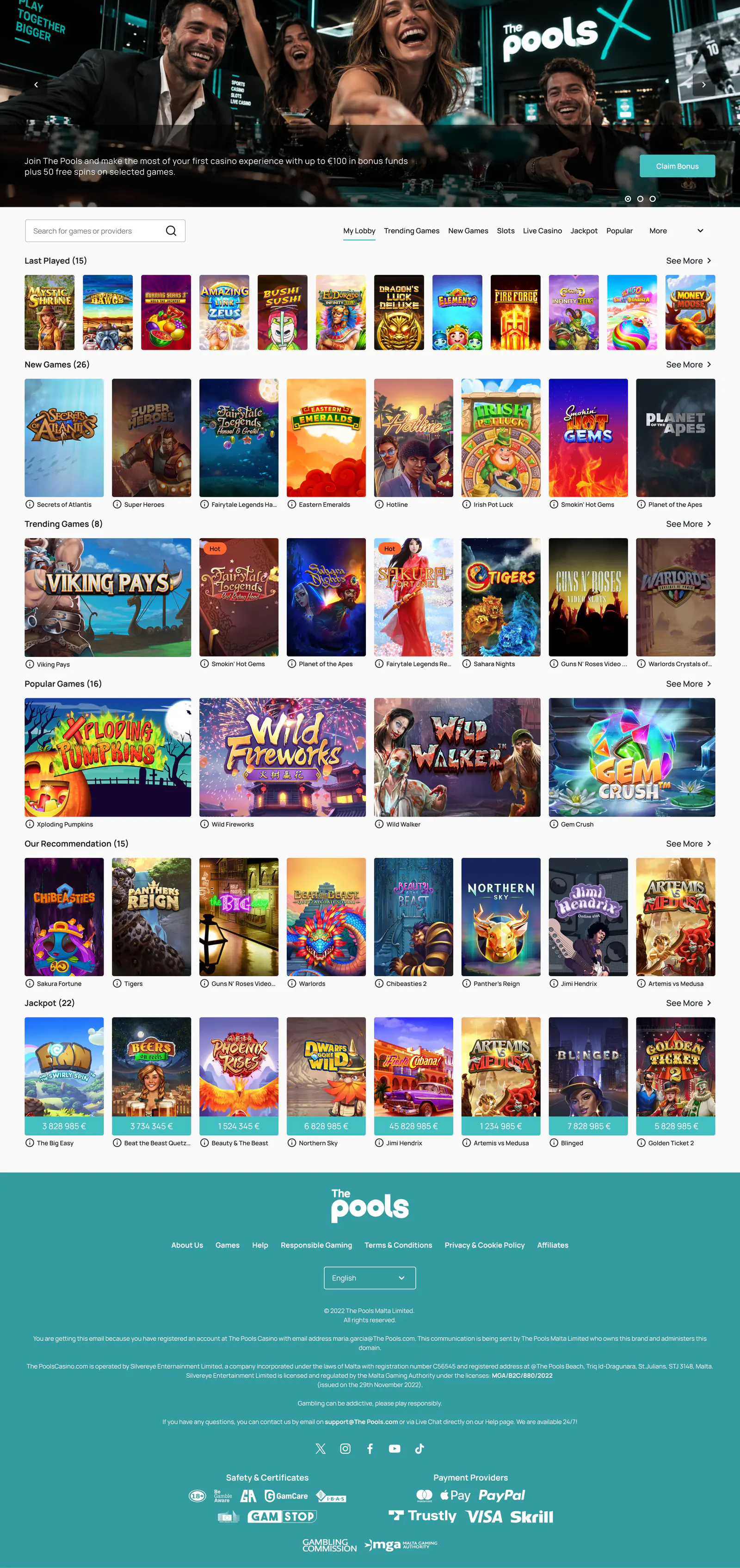 The Pools casino lobby built on WAND: hero banner, game rails, jackpots and footer