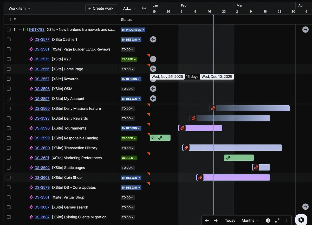 XSITE Design Epics in Jira's timeline view, each linked to its Development Epic, with status and schedule