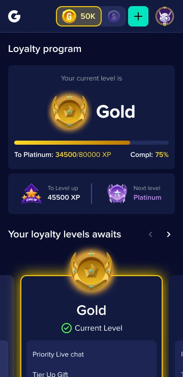 Mobile loyalty programme showing the current Gold level and progress to Platinum