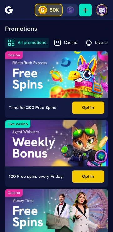 Mobile promotions list with casino and live casino offers