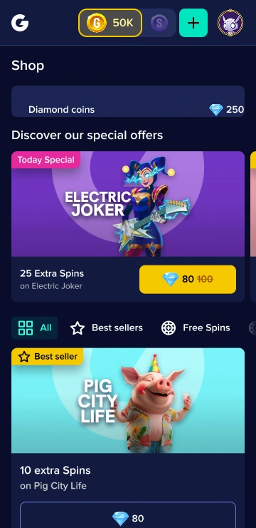 Mobile shop with special offers paid in diamond coins
