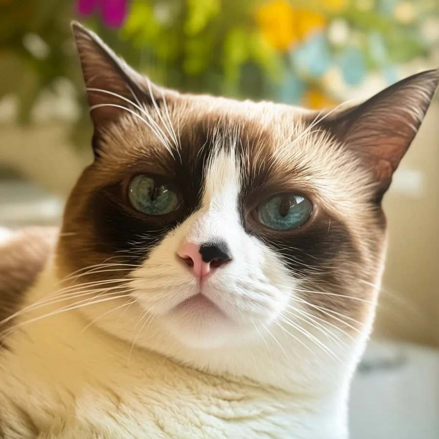 A snowshoe cat looking at the camera