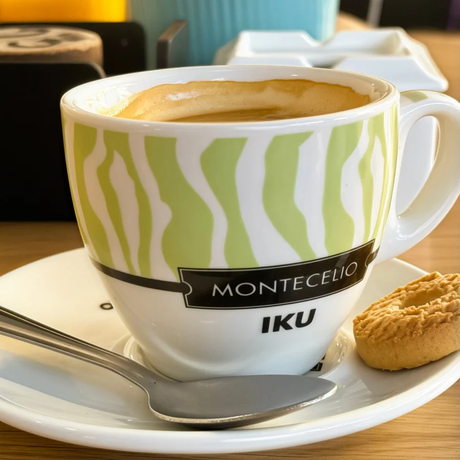 A cup of coffee with a biscuit on the saucer